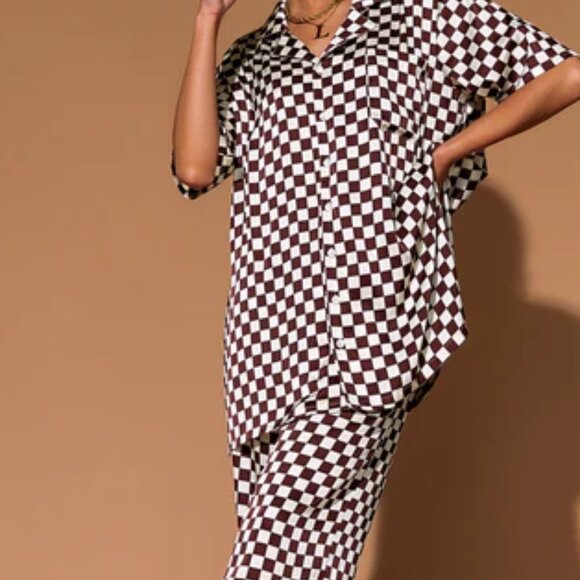 Dressed in LALA - Dream So Big Satin Top + Pants Set in Brown Cream Check - Picture 2 of 4